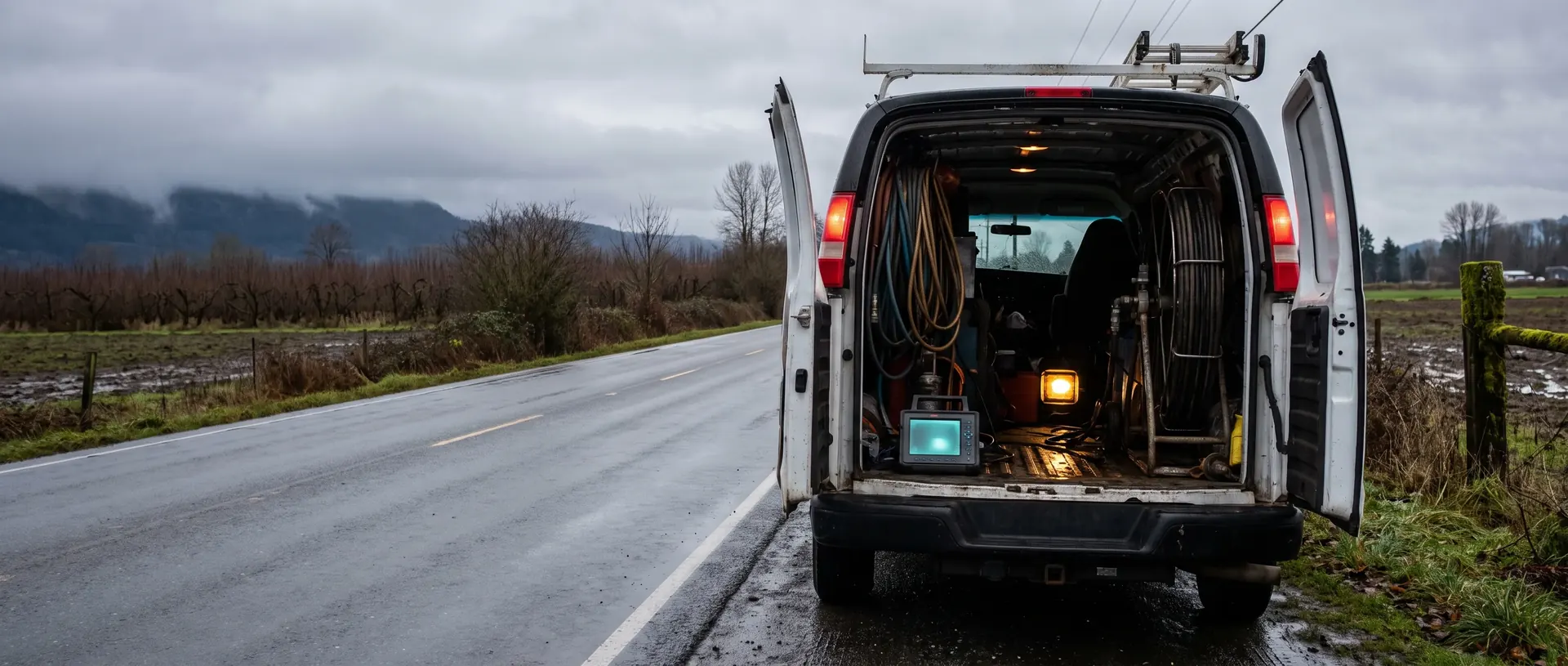 Work van parked on a Whatcom County rural road with the foothills under low cloud behind