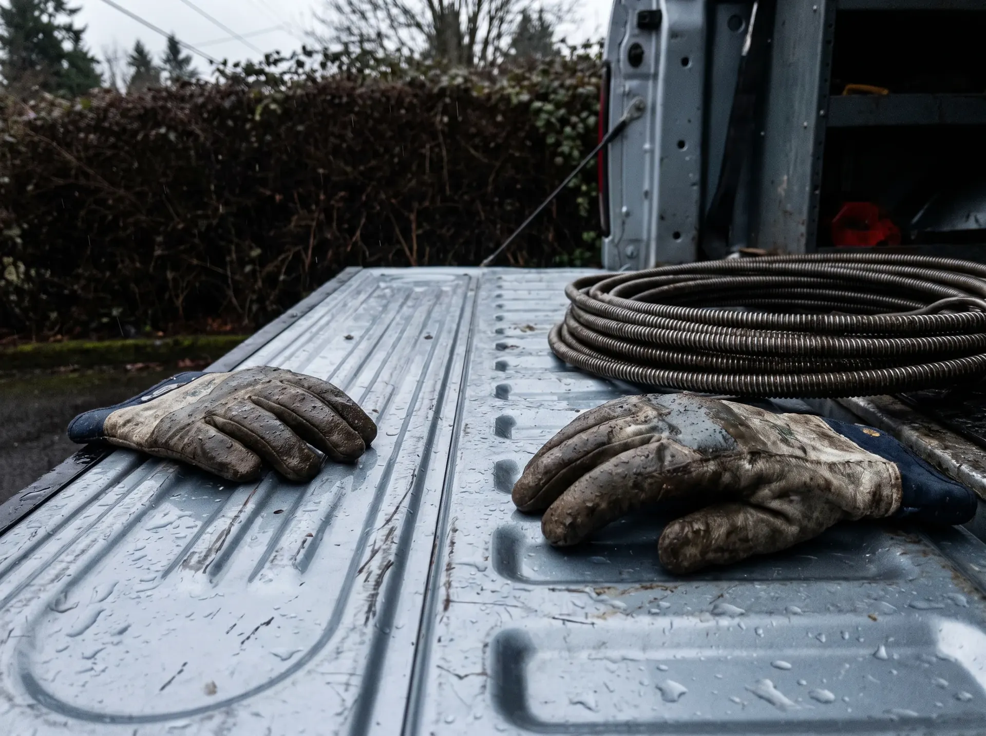 Worn waterproof gloves and a coiled drain cable on the open tailgate of a work van