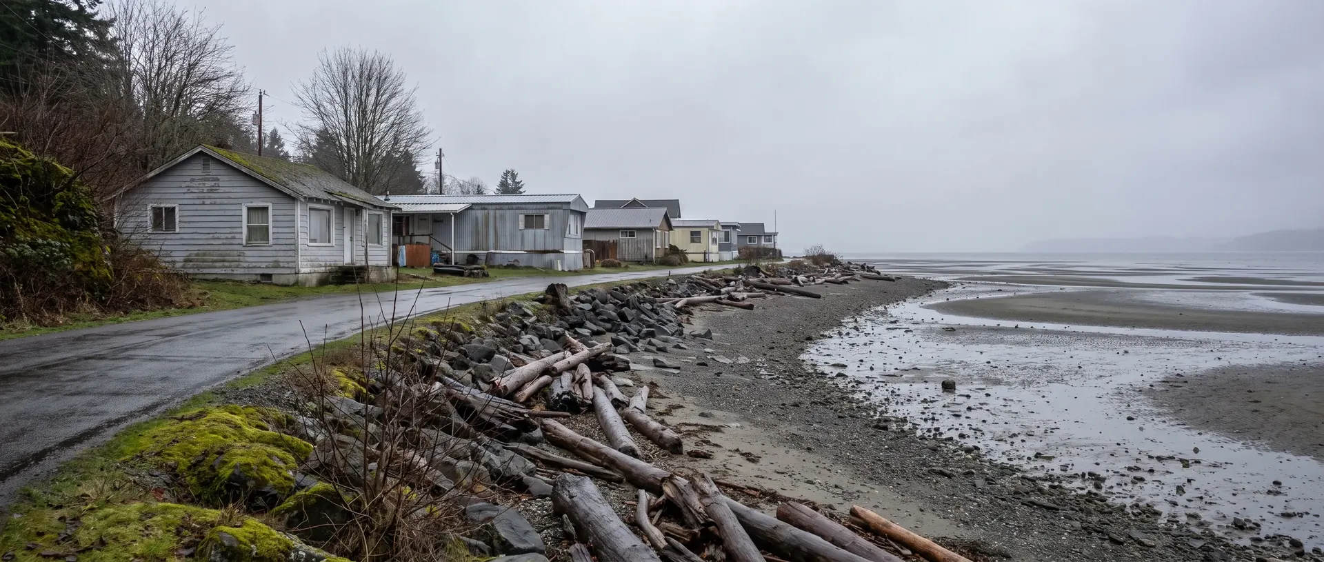 Shoreline cabins and manufactured homes along Birch Bay at low tide in winter