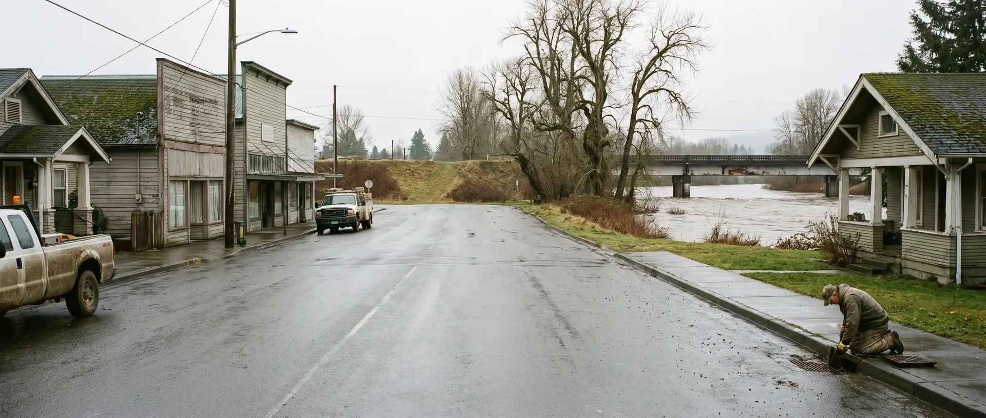Everson street ending at the Nooksack river levee with the river running high