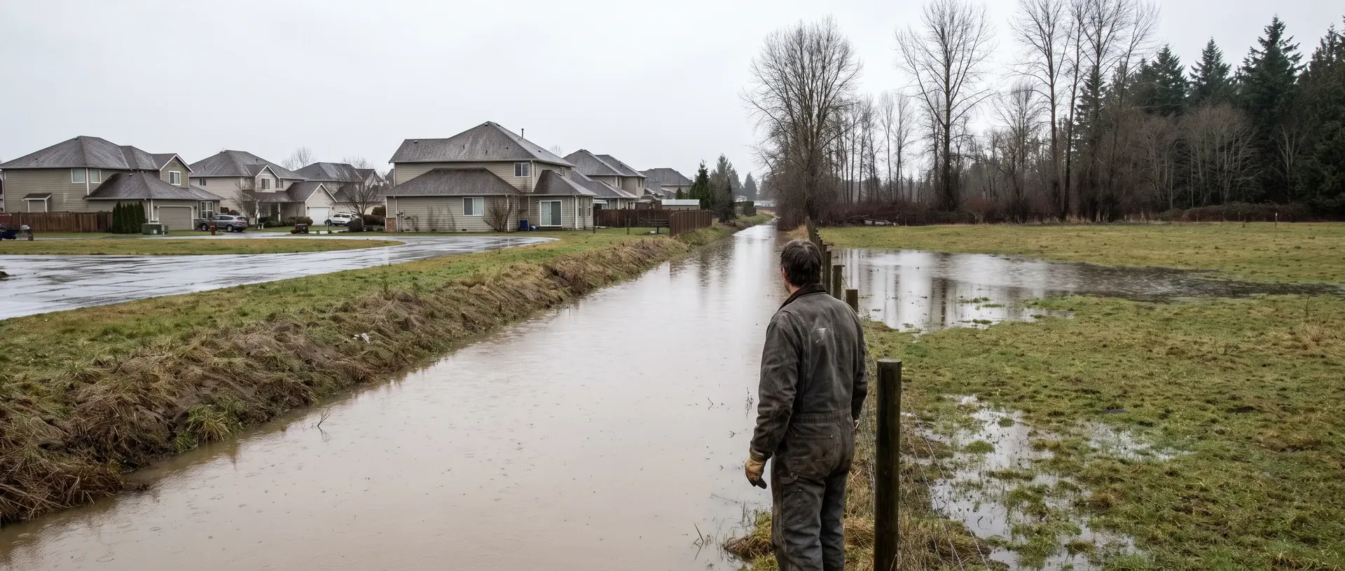 Edge of Ferndale where newer homes meet Nooksack floodplain pasture with ditches running full