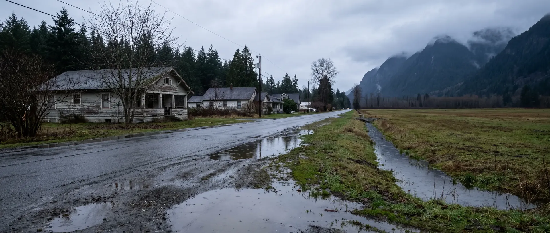 Flat Sumas street with saturated fields beyond the last houses and mountains behind
