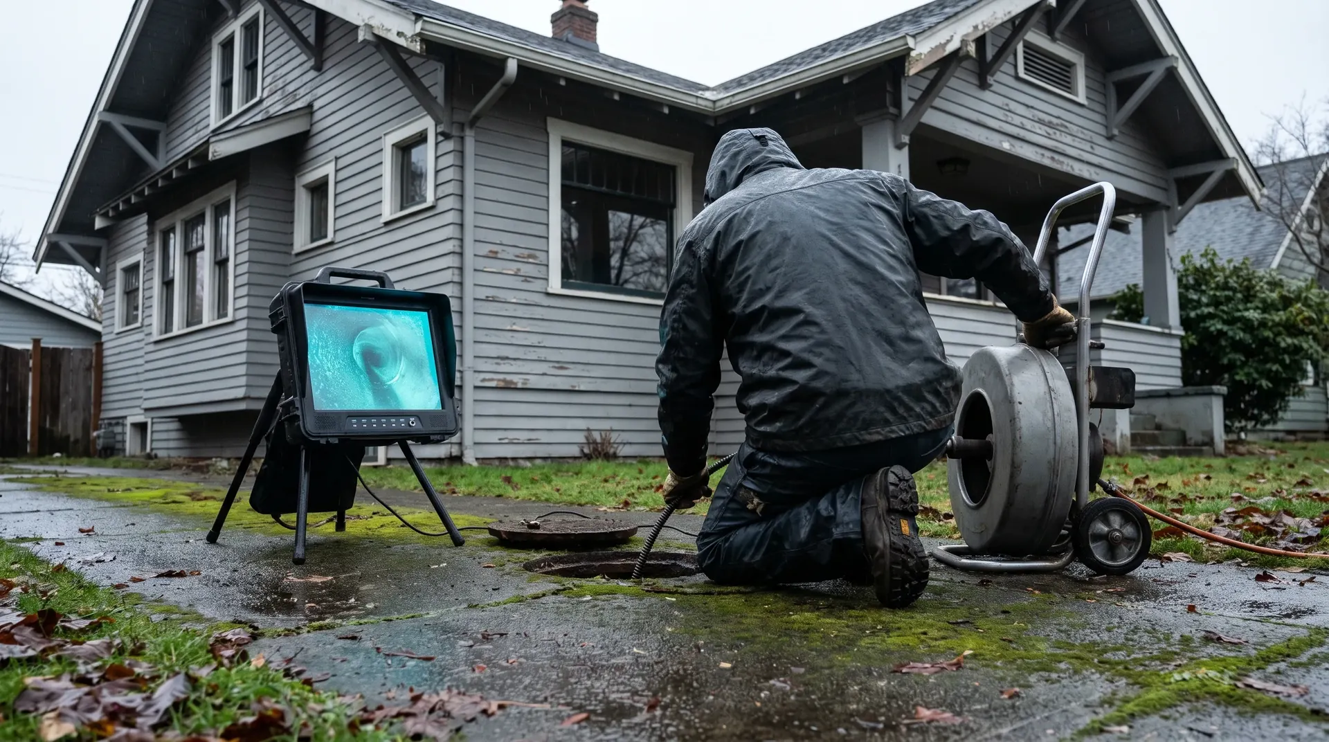 Technician running a camera and cable machine at a cleanout before quoting drain cleaning work