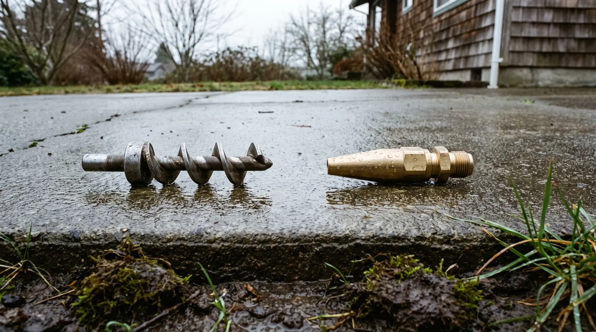 Drain cutting head and hydro jetting nozzle laid side by side on wet concrete for comparison