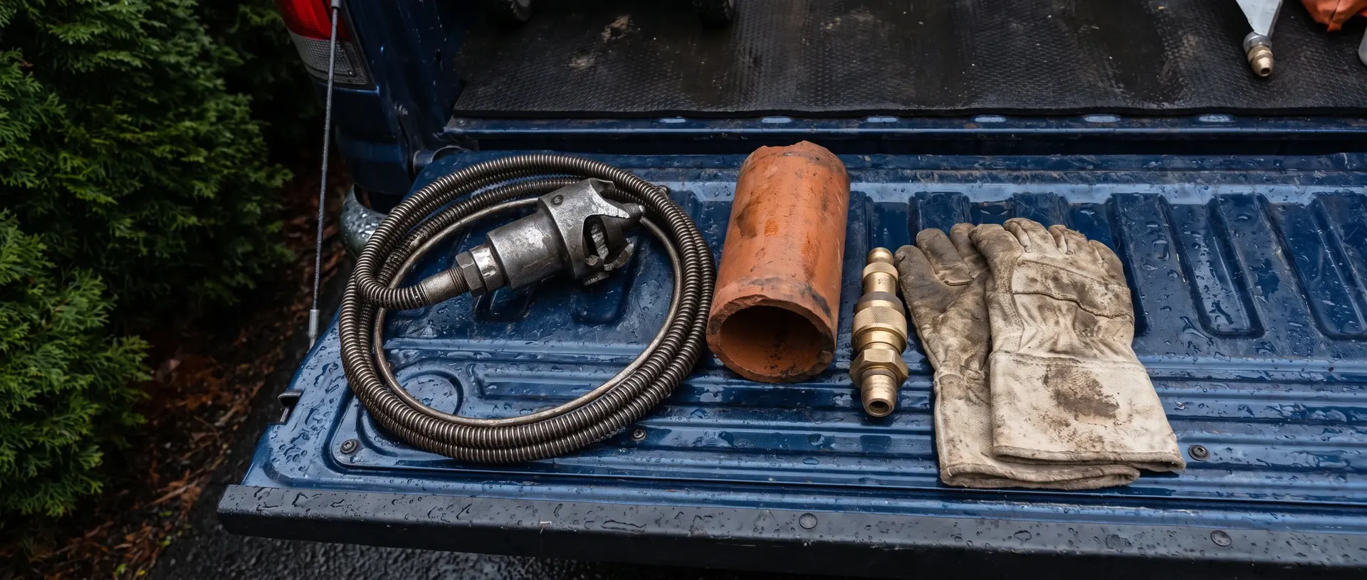 Drain cleaning tools laid out on a wet work van tailgate, including a cutting head and a jetting nozzle
