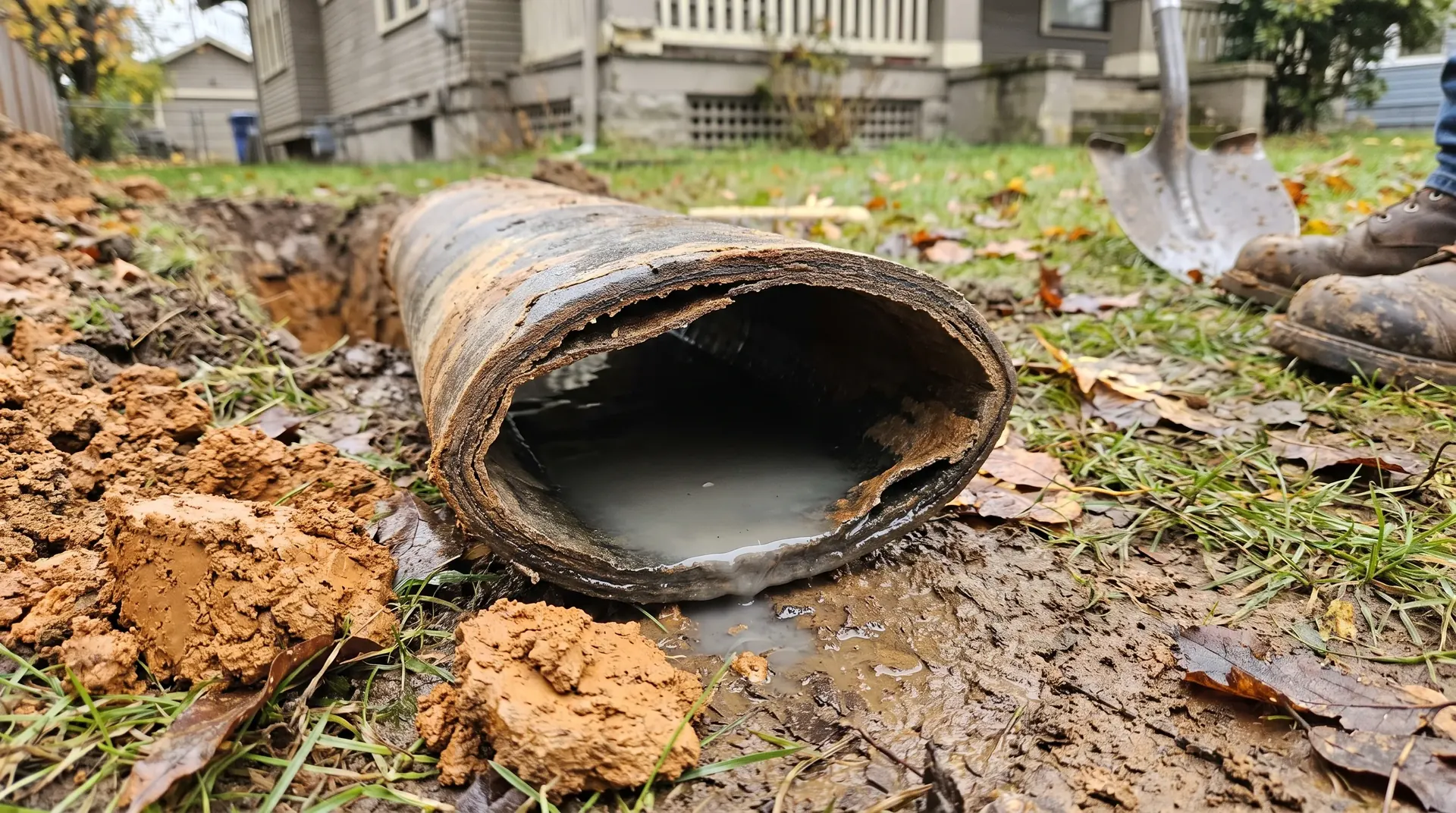 Section of failed Orangeburg pipe deformed out of round with the fibre wall delaminating