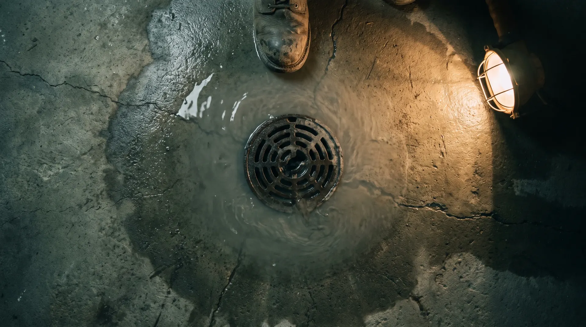 Basement floor drain with grey water standing around it, a sign of a main sewer line clog