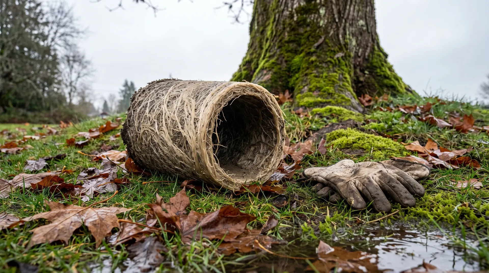 Cylindrical mass of tree roots pulled from a sewer line, lying under the maple that grew them