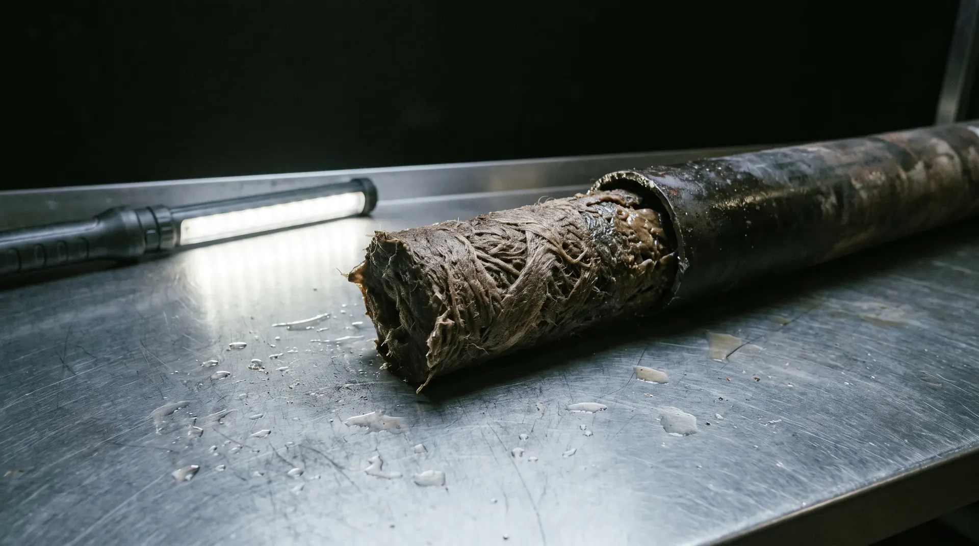 Plug of tangled wipes and hardened grease pulled from a cut open drain pipe