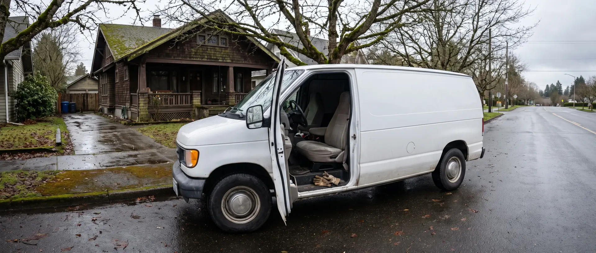 Work van parked at the kerb of a quiet Whatcom County residential street