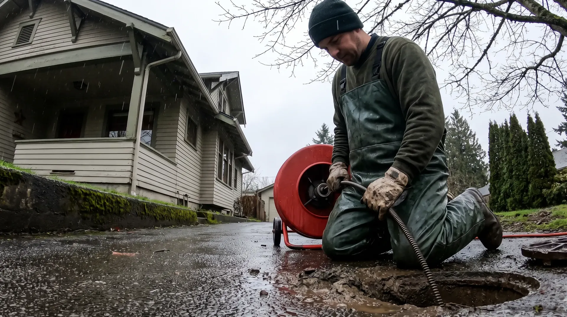 Drain cleaning technician feeding a cable into an exterior sewer cleanout at a Bellingham home