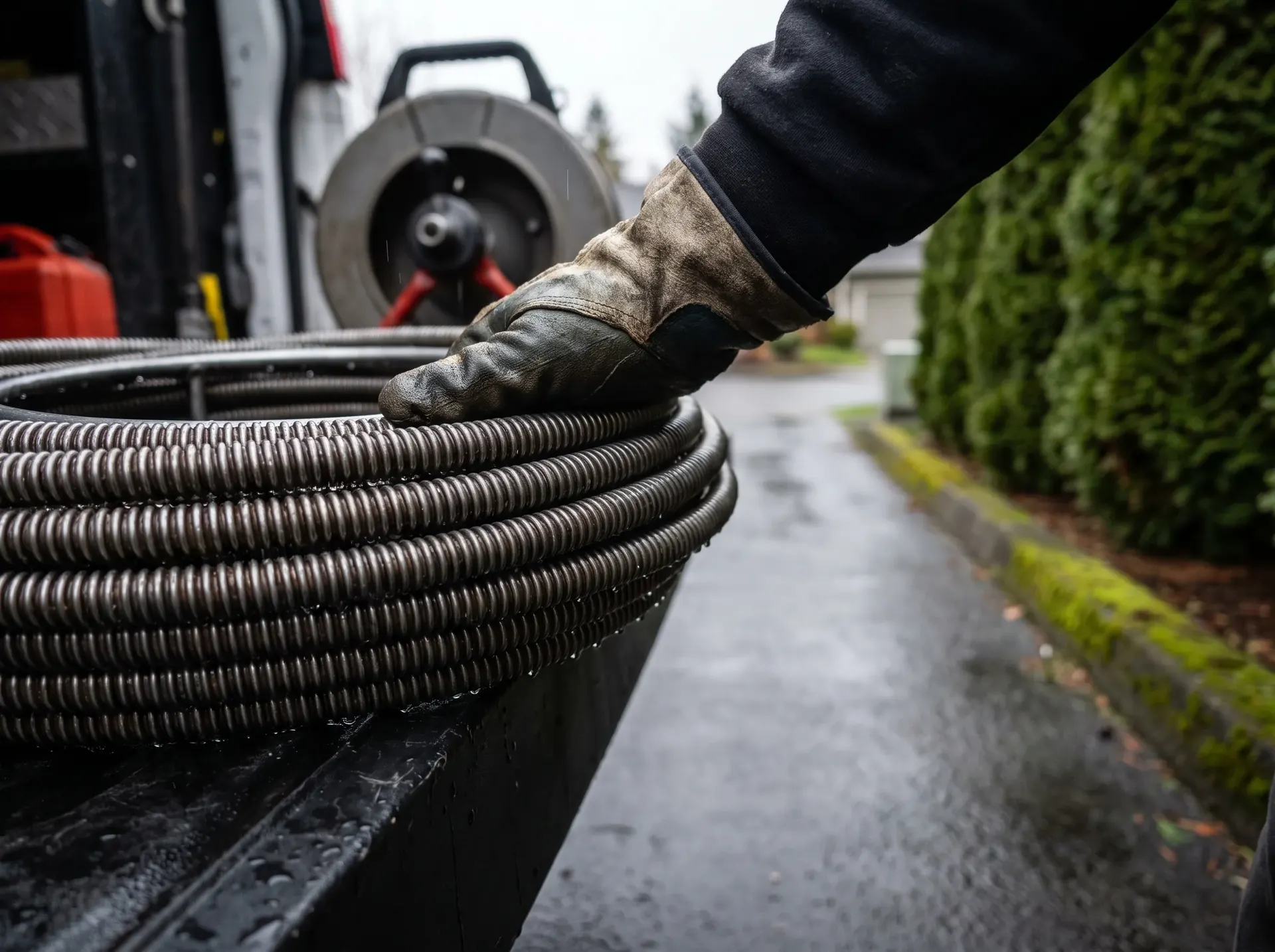 Wet steel drain cable coiled on a drum machine after clearing a Whatcom County sewer line