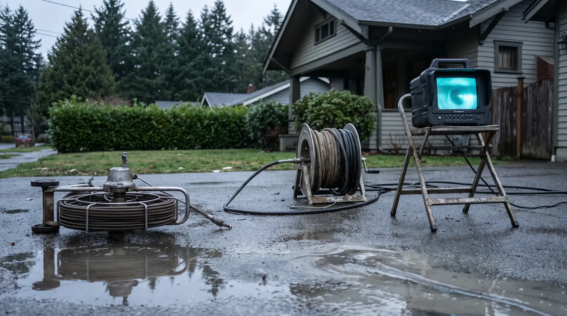 Drain cleaning, hydro jetting and camera inspection equipment set out across a residential driveway