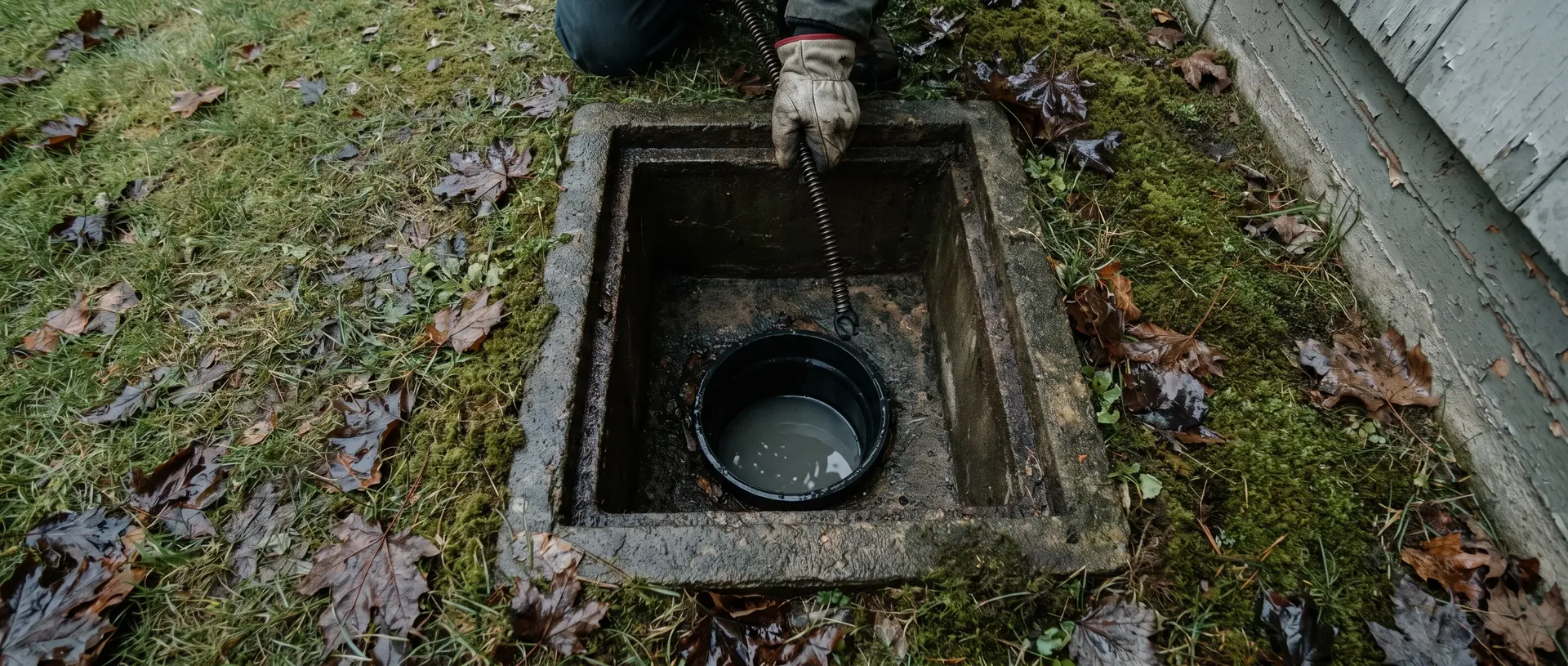 Open concrete sewer cleanout in a mossy Whatcom County lawn ready for drain cleaning