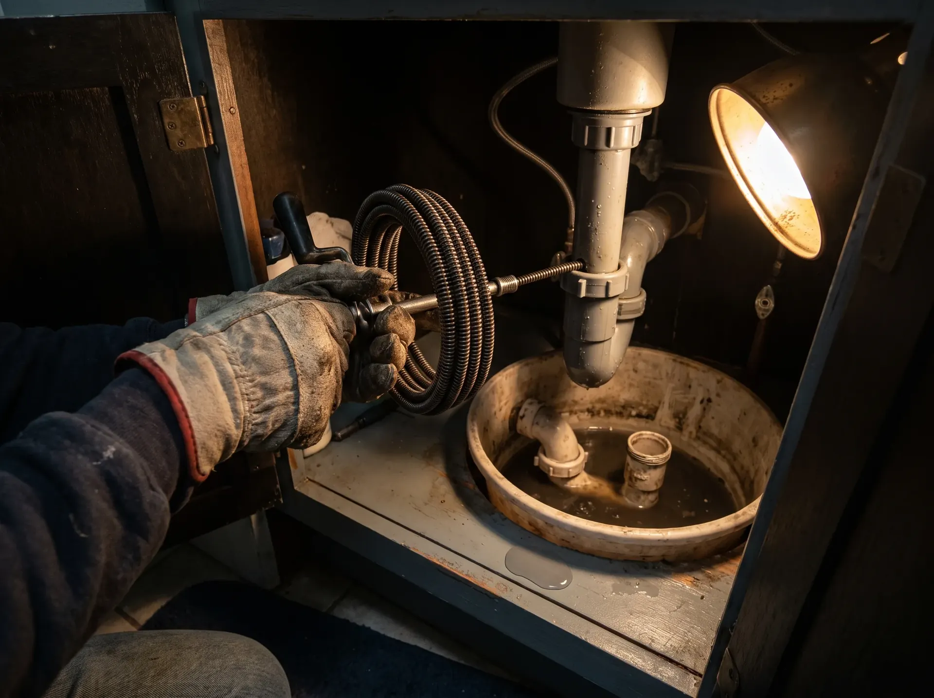 Hand auger being cranked into a bathroom sink tailpiece with the trap removed