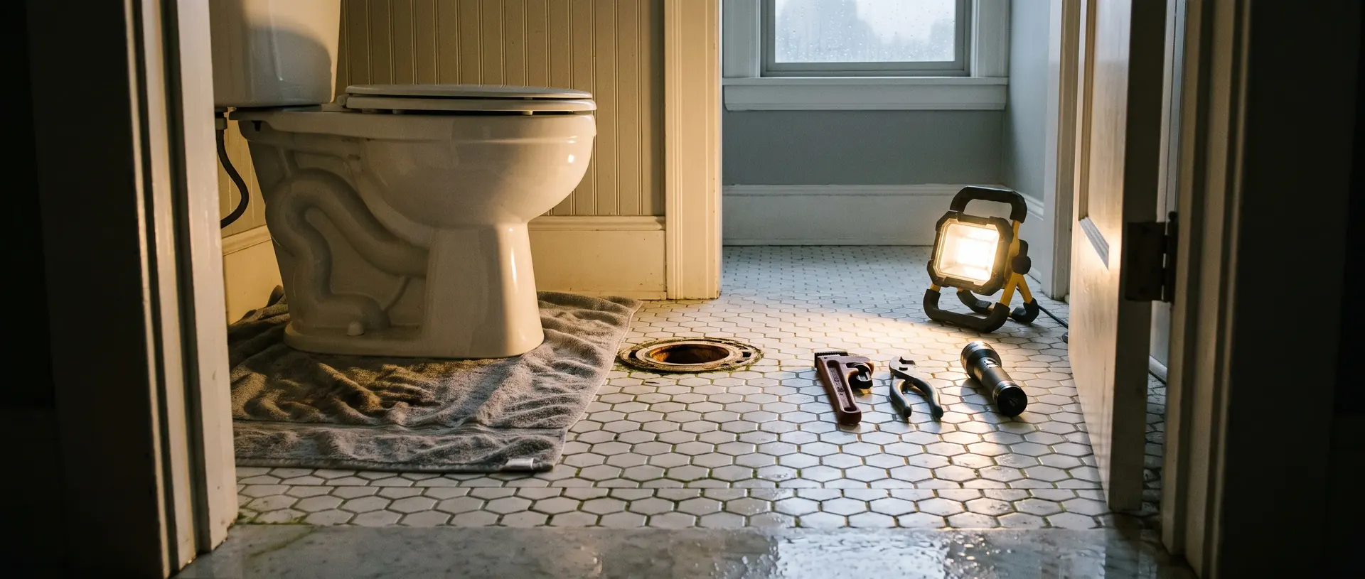 Toilet pulled and set aside with the floor flange exposed during a clogged toilet repair