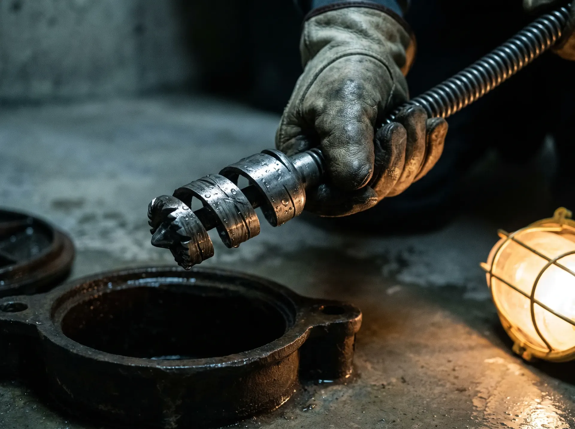 Close up of a spiral drain cutting head on the end of a steel cable, scored from use