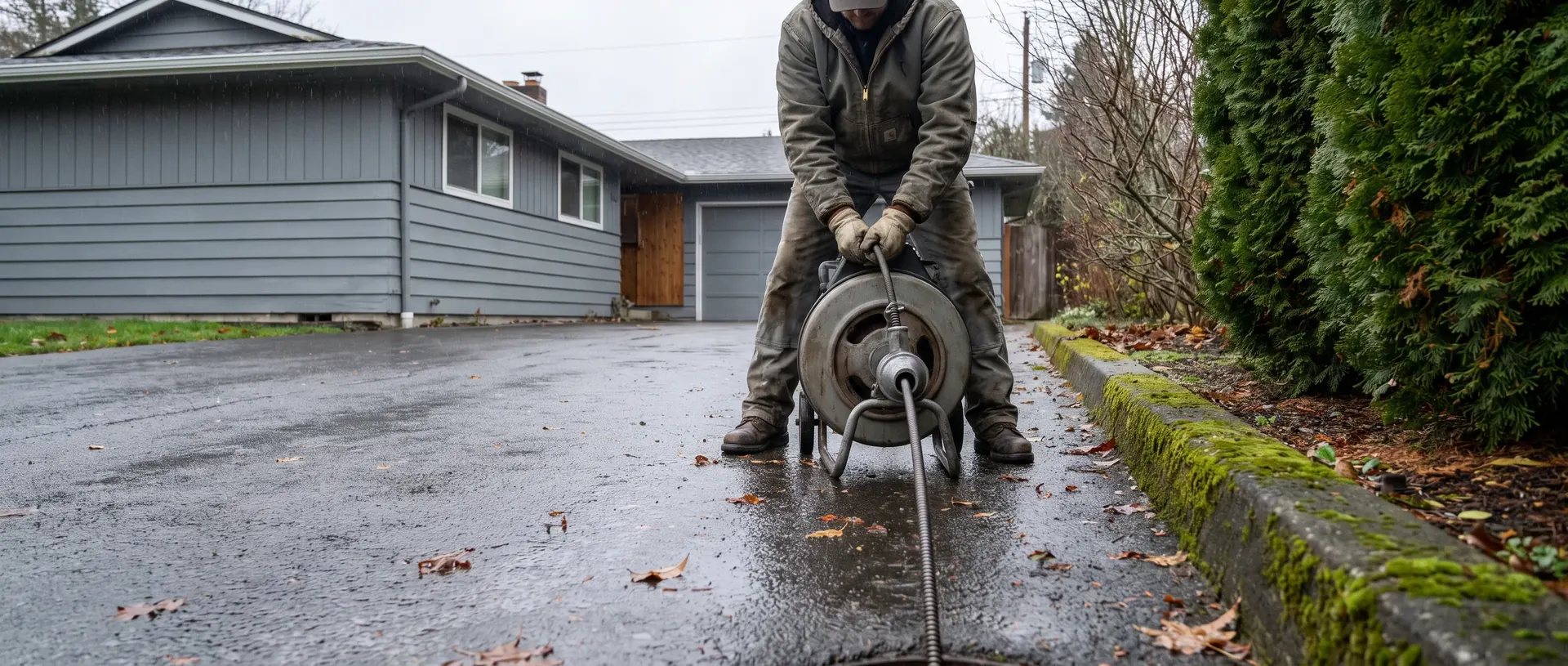 Drain cleaning machine running on a wet driveway beside a Whatcom County ranch house