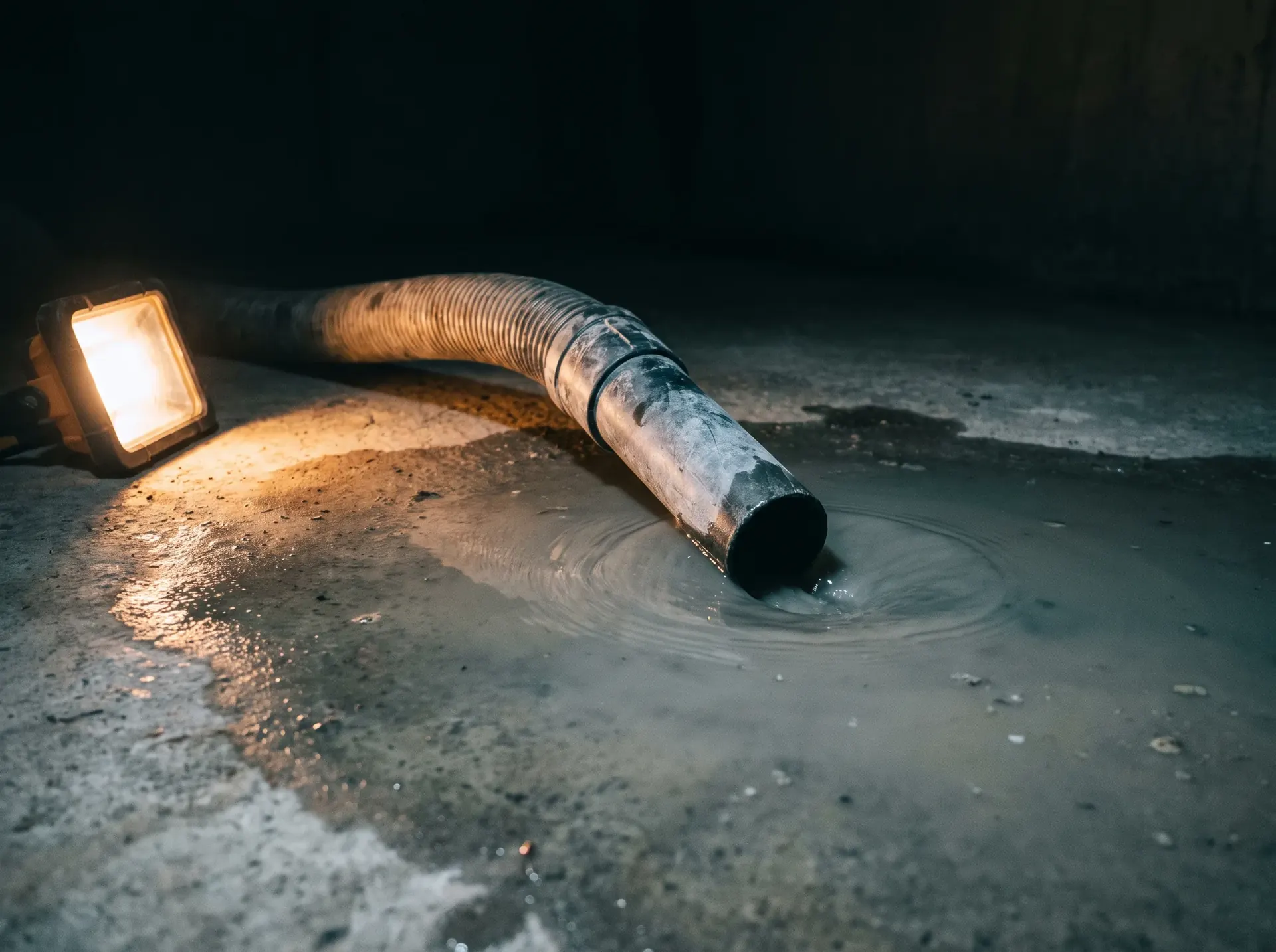 Wet vacuum hose drawing down the last of a pool of grey water on a basement floor