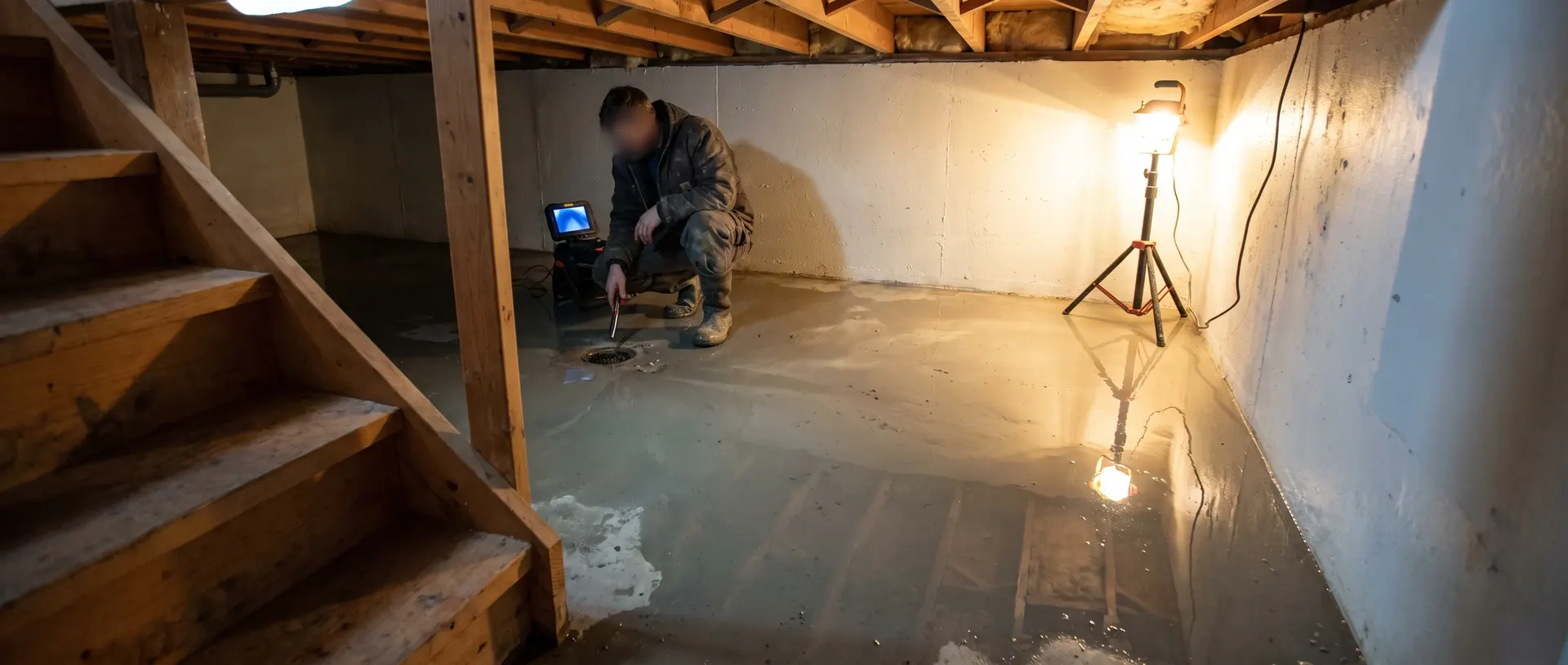 Work lamp lighting a flooded basement floor during an emergency drain backup call