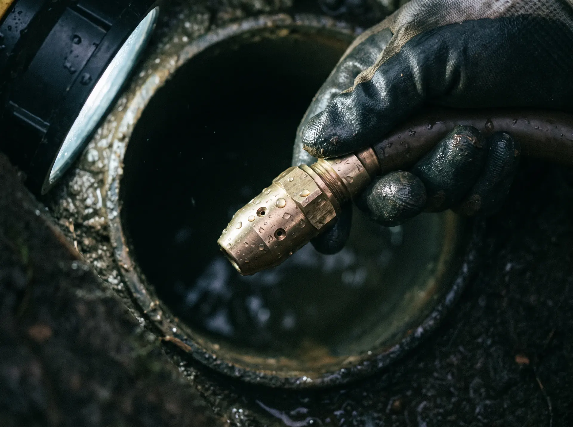 Brass hydro jetting nozzle with rear facing orifices held between gloved fingers