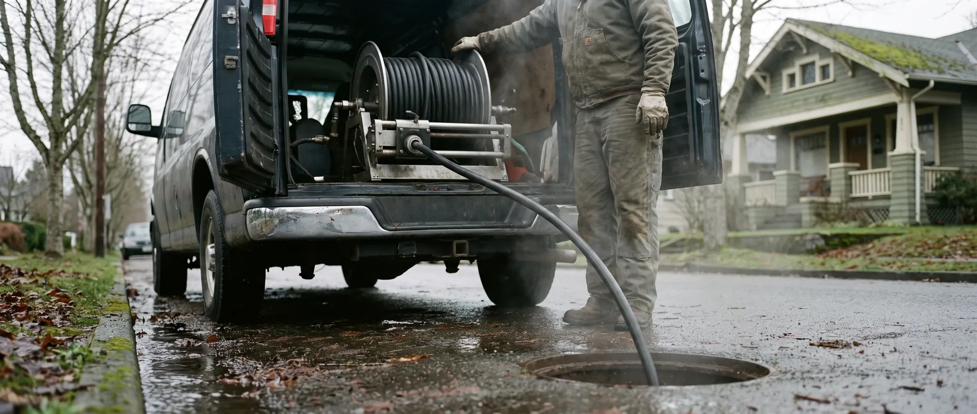 Hydro jetting hose reel running from a work van into a residential sewer cleanout
