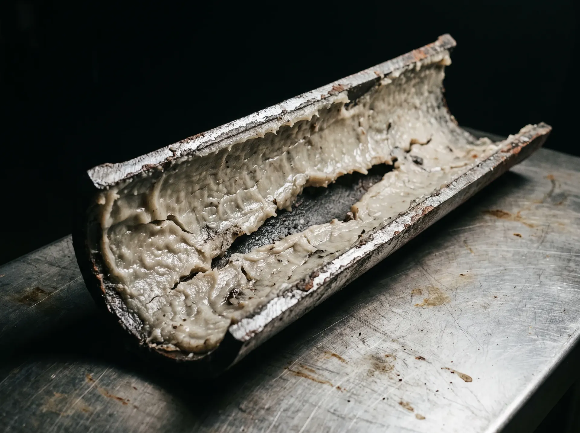 Cut open two inch kitchen line lined with hardened grease leaving a narrow channel