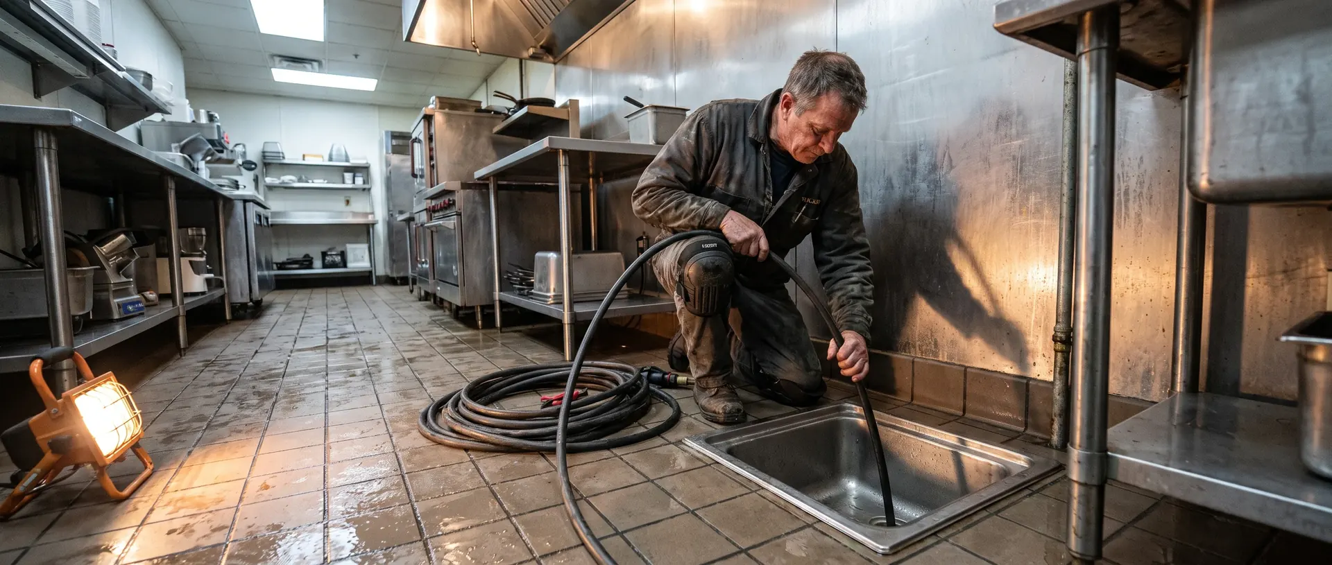 Jetter hose fed into a floor sink drain line in a small commercial kitchen
