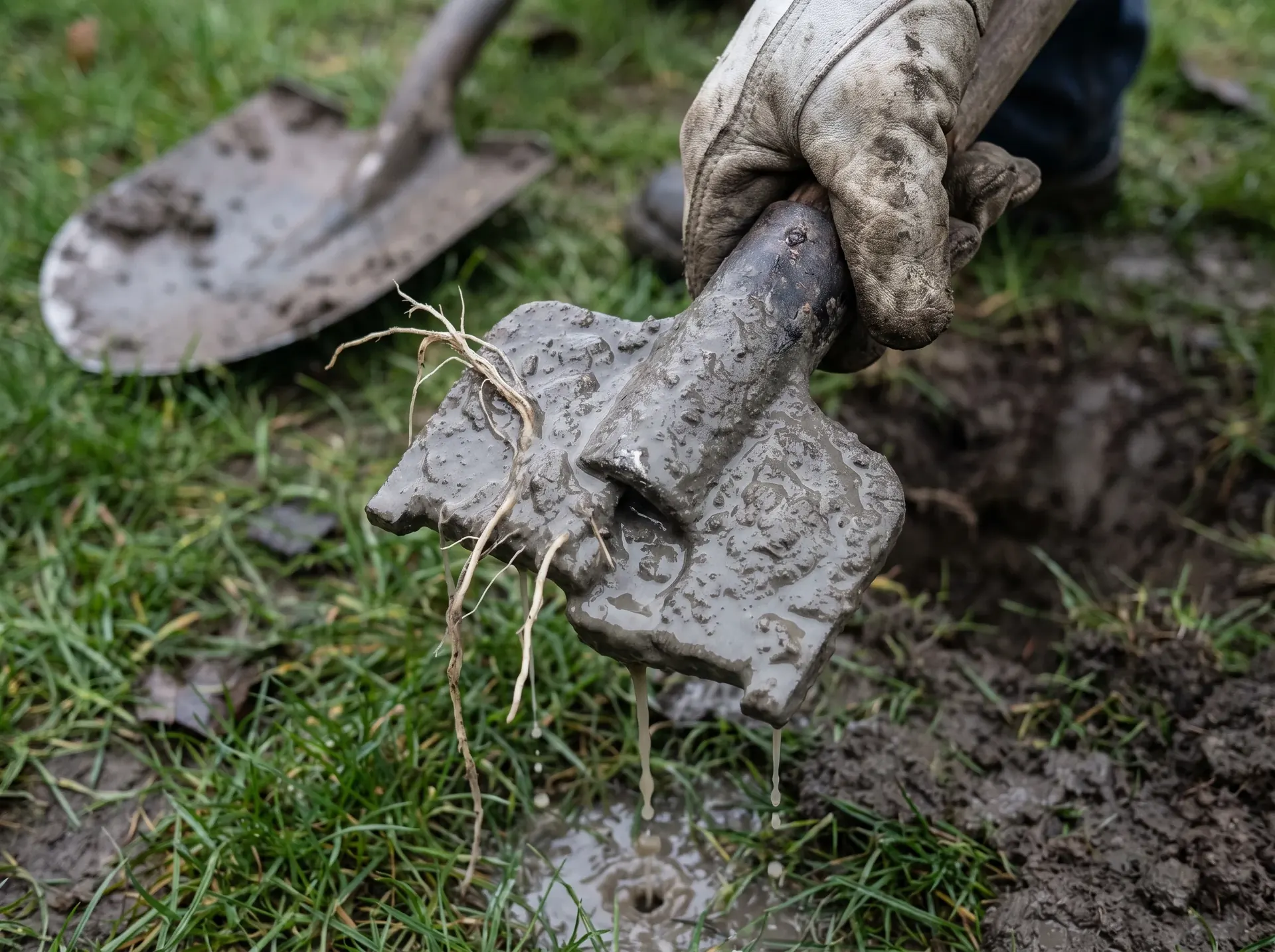 Cutting head withdrawn from a main sewer line carrying wet silt and root strands