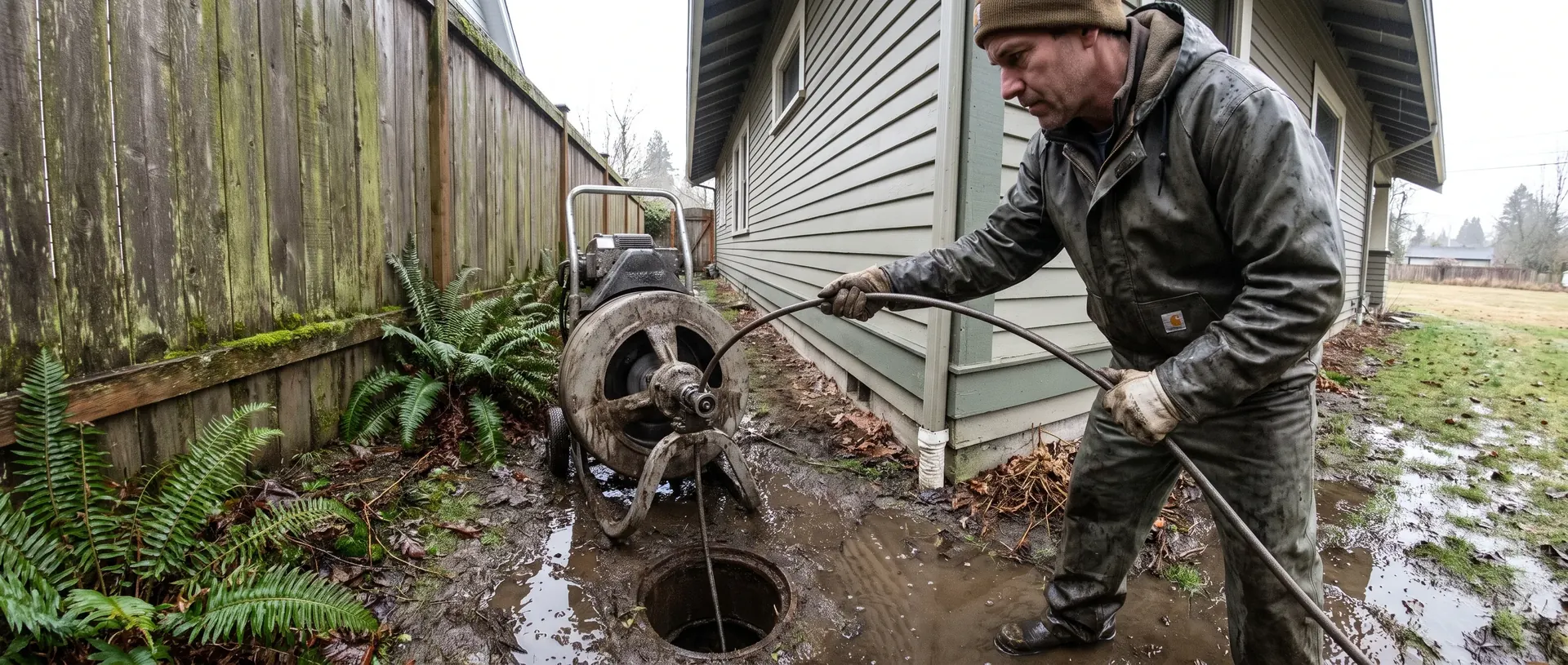 Technician clearing a main sewer line in the narrow side yard of a Craftsman bungalow
