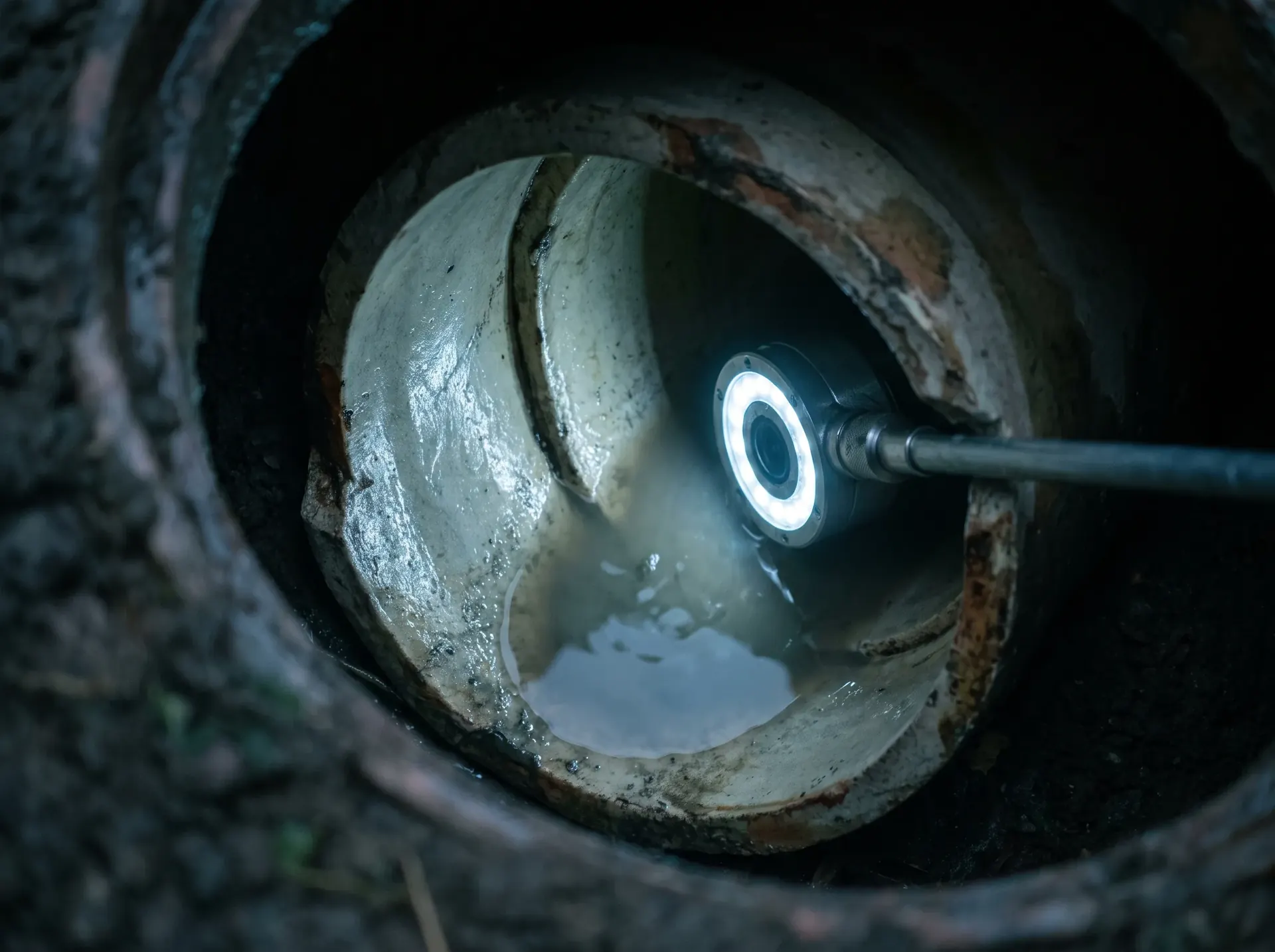 Sewer camera head resting in a clay pipe at an offset joint, lit by its own LED ring