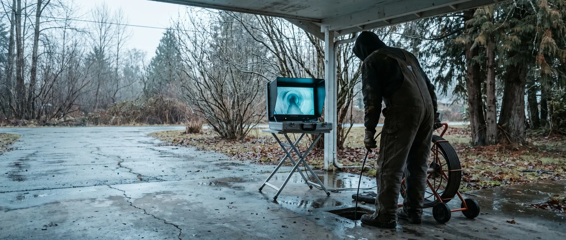 Sewer camera monitor showing the inside of a drain line during an inspection on a Bellingham driveway