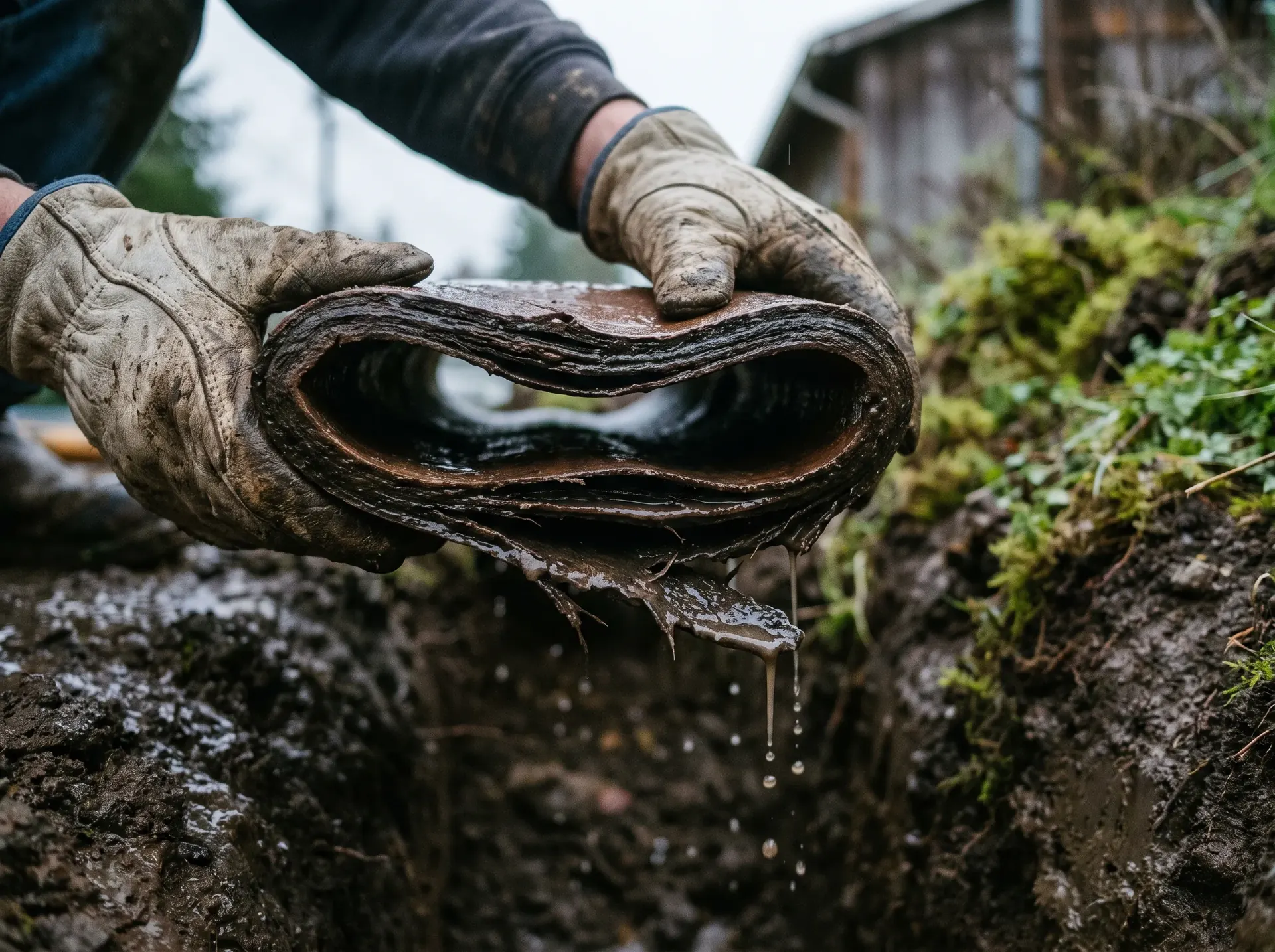 Collapsed Orangeburg pipe held in gloved hands, flattened out of round with the fibre wall separating