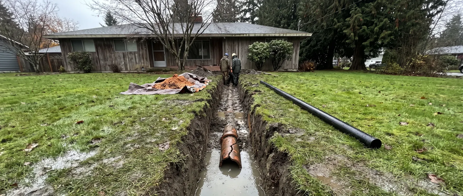 Open trench across a lawn with a failed sewer line exposed and new pipe laid out ready