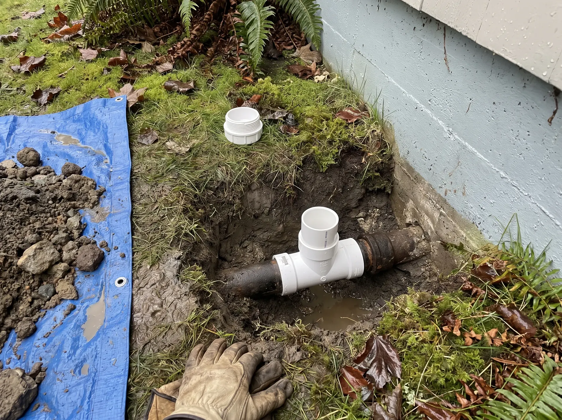 New plastic cleanout tee and riser dry fitted into an exposed sewer line in a shallow trench