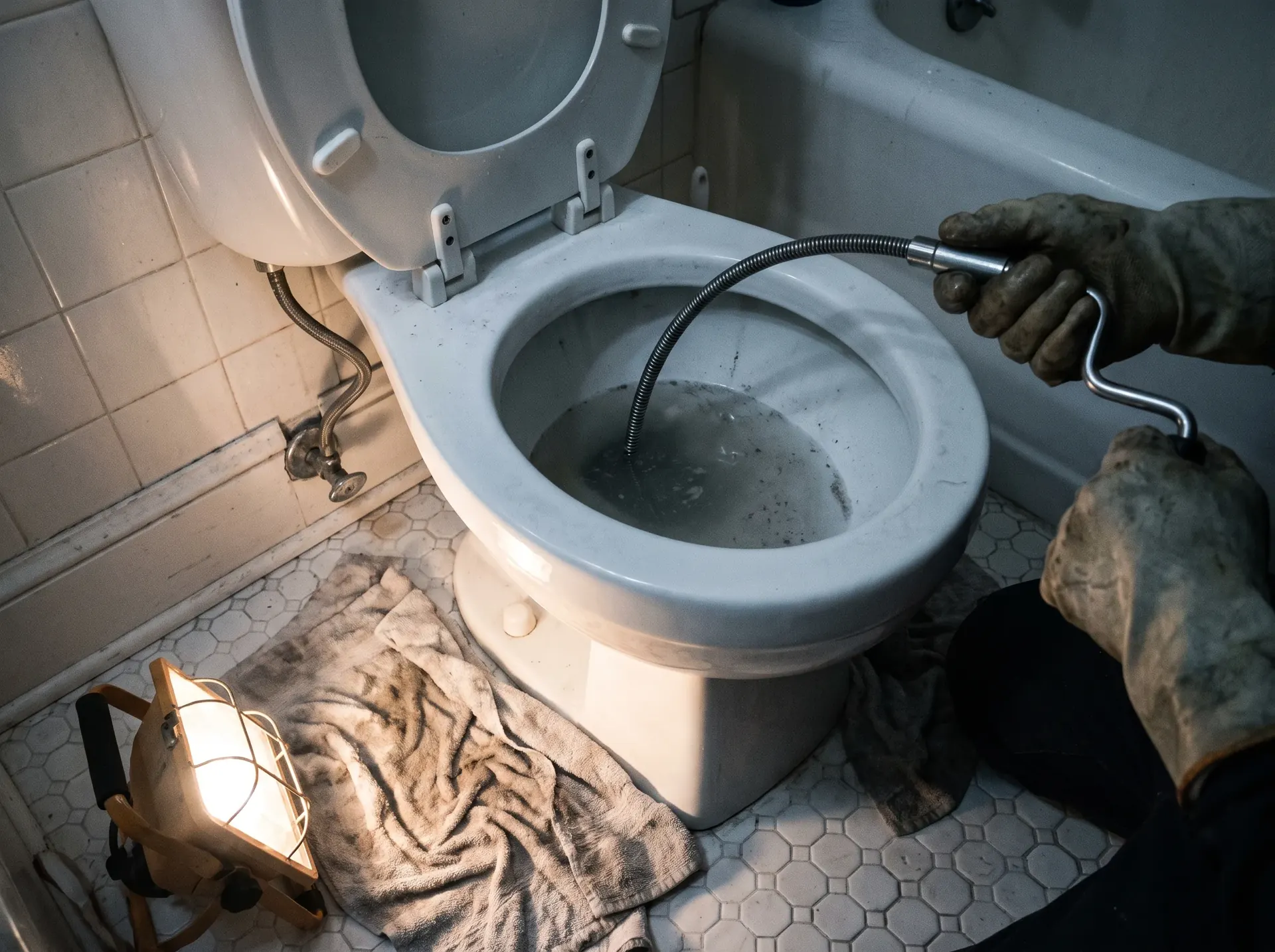 Closet auger being cranked into a clogged toilet in an older Whatcom County bathroom