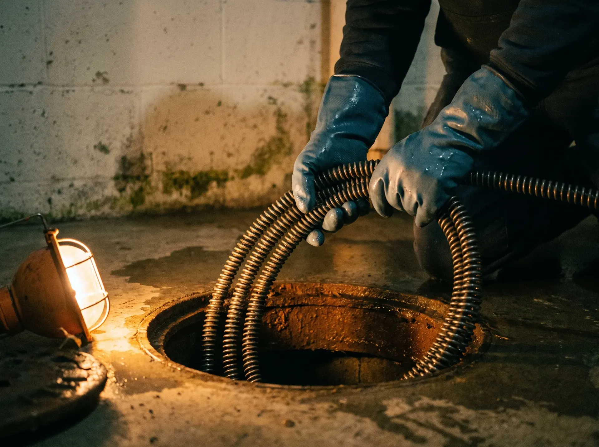 Sectional drain cable being fed into a basement floor cleanout during a drain cleaning visit