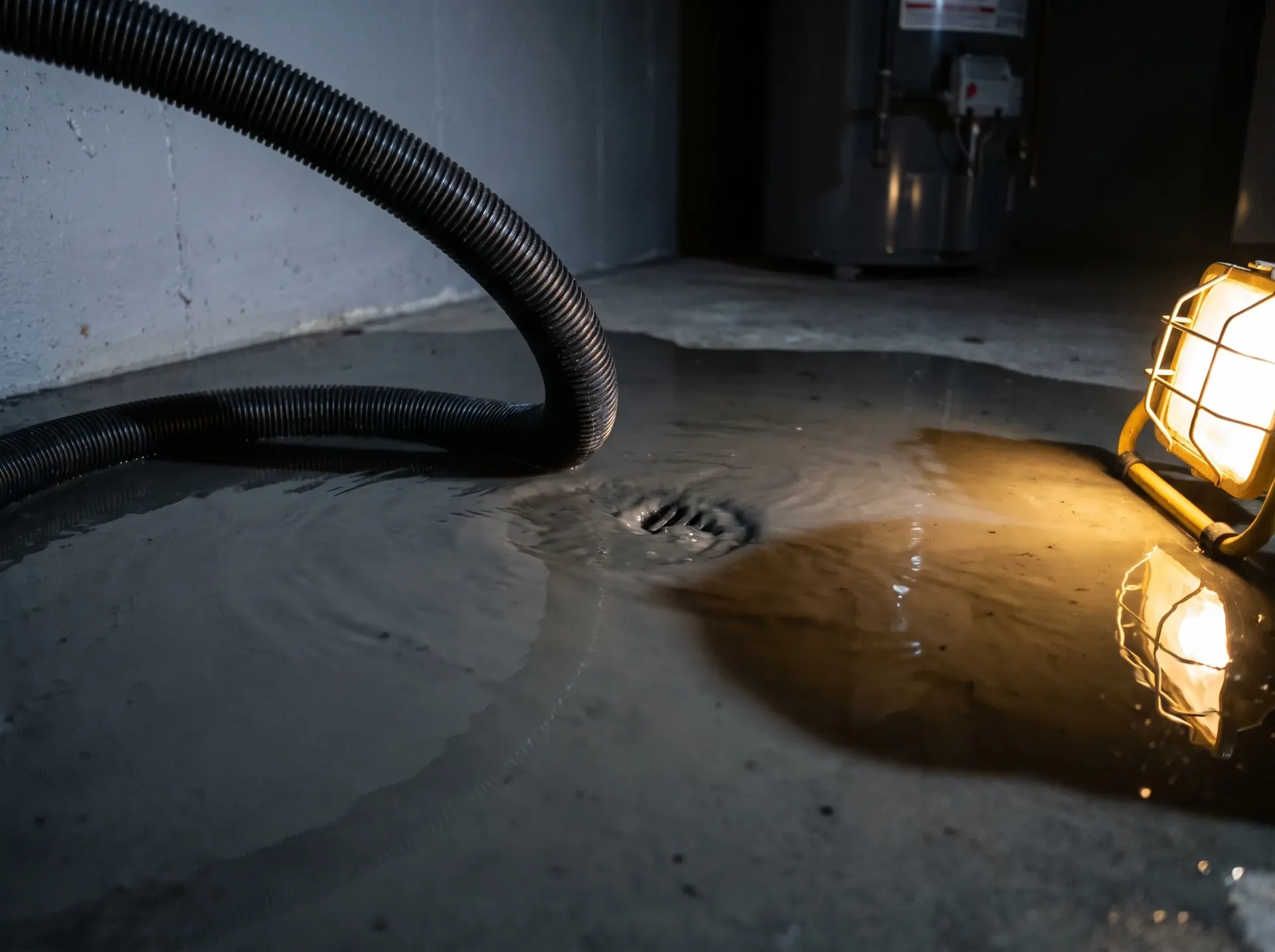 Grey water standing over a basement floor drain during an emergency drain call