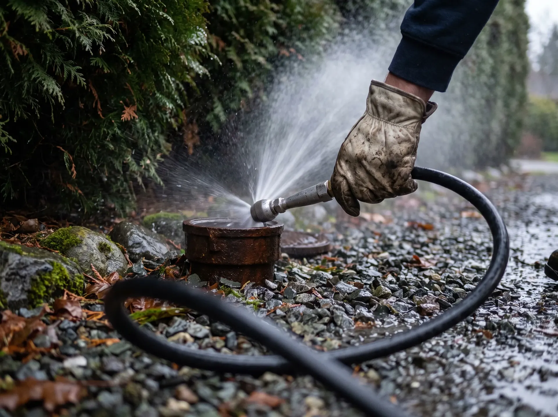 Hydro jetting nozzle firing high pressure water at the mouth of a residential sewer line