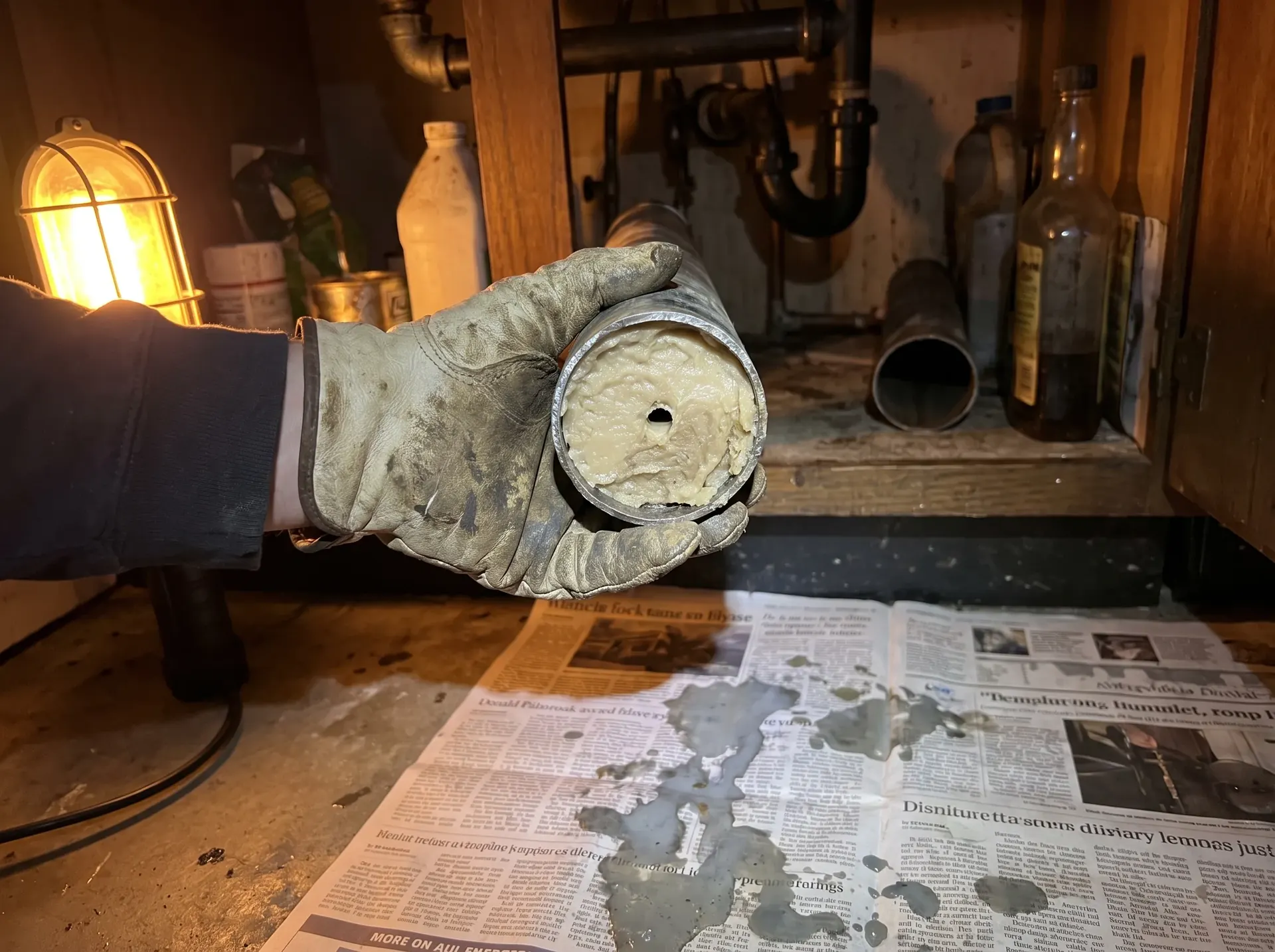 Cut open kitchen drain pipe showing hardened grease narrowing the bore to a small opening