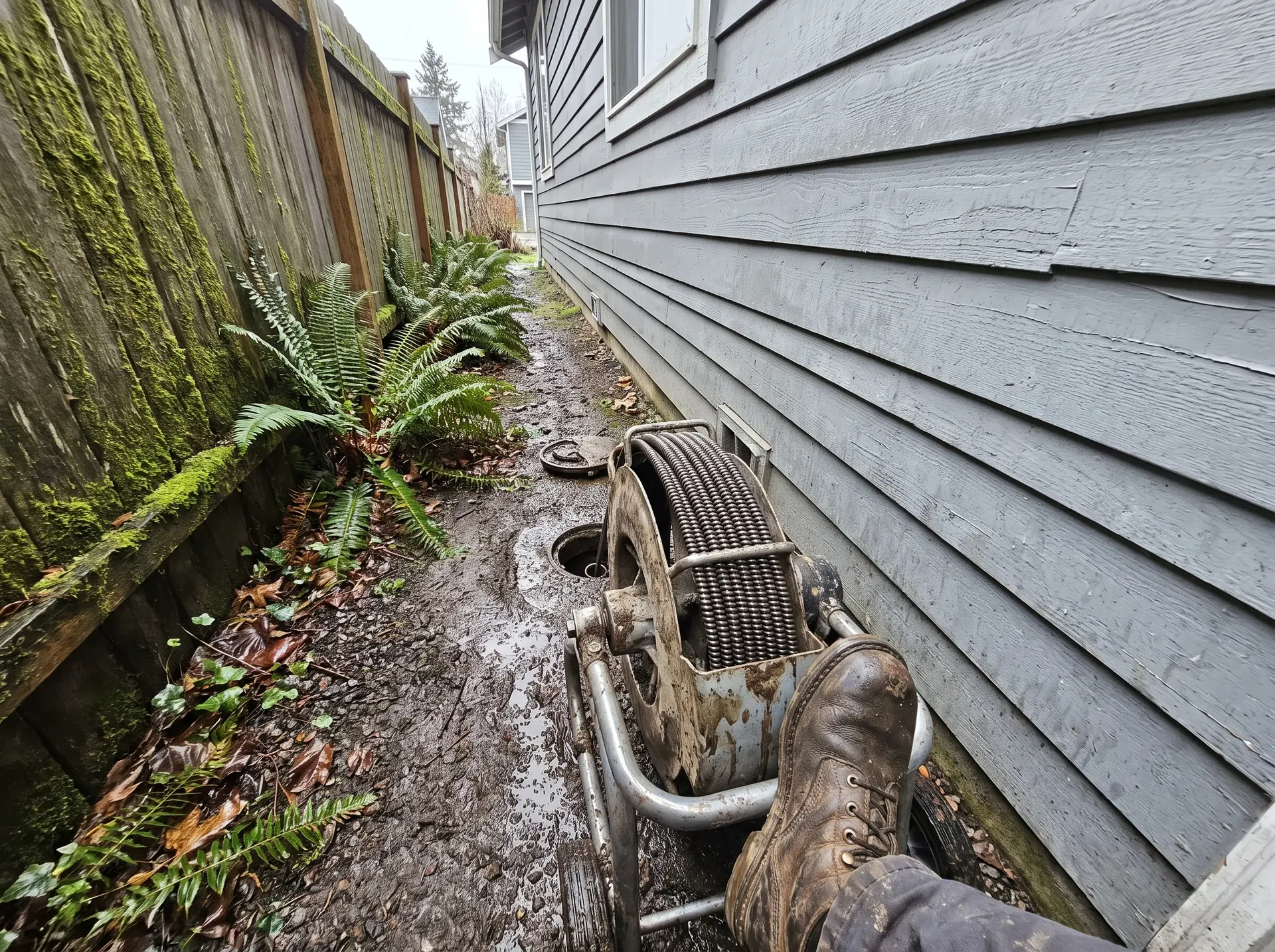 Heavy drum machine clearing a main sewer line at an exterior cleanout beside a house