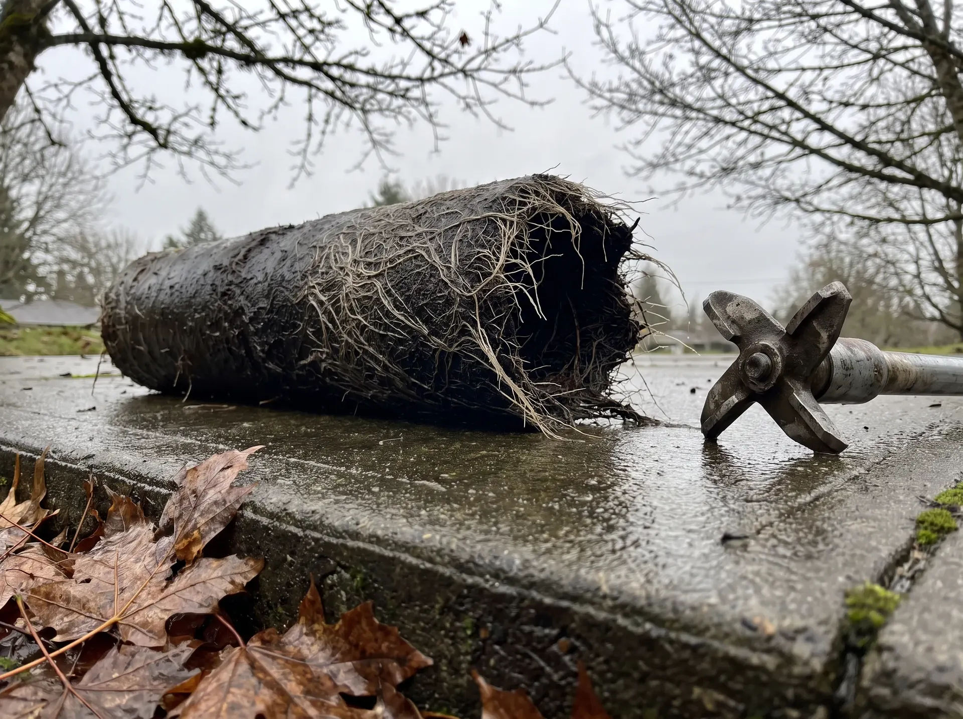 Mat of fine tree roots cut out of a sewer line, still holding the shape of the pipe