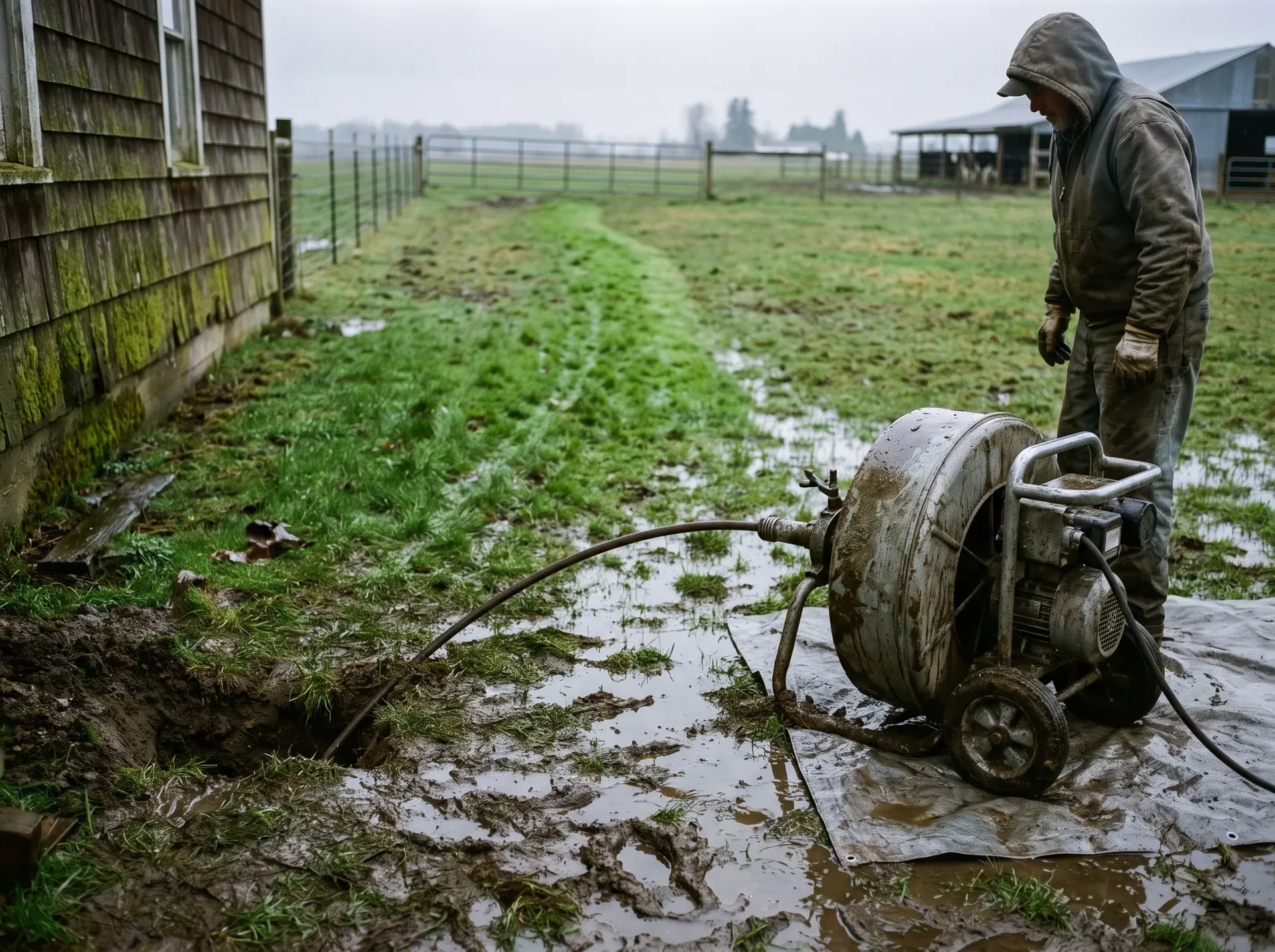Cable machine set up to clear the house to tank drain line at a rural Whatcom County property