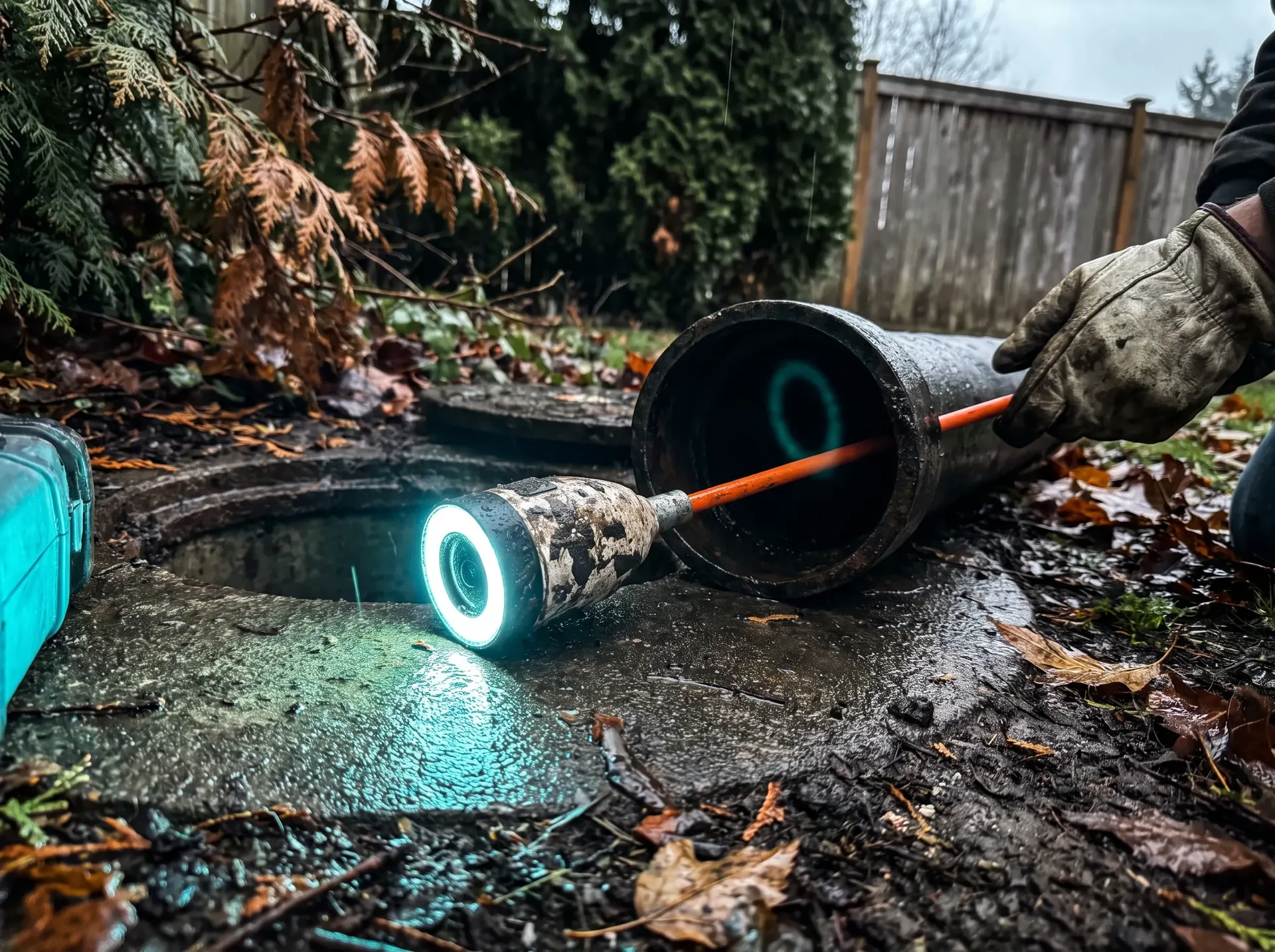 Sewer camera head with its LED ring lit at the opening of a four inch drain line