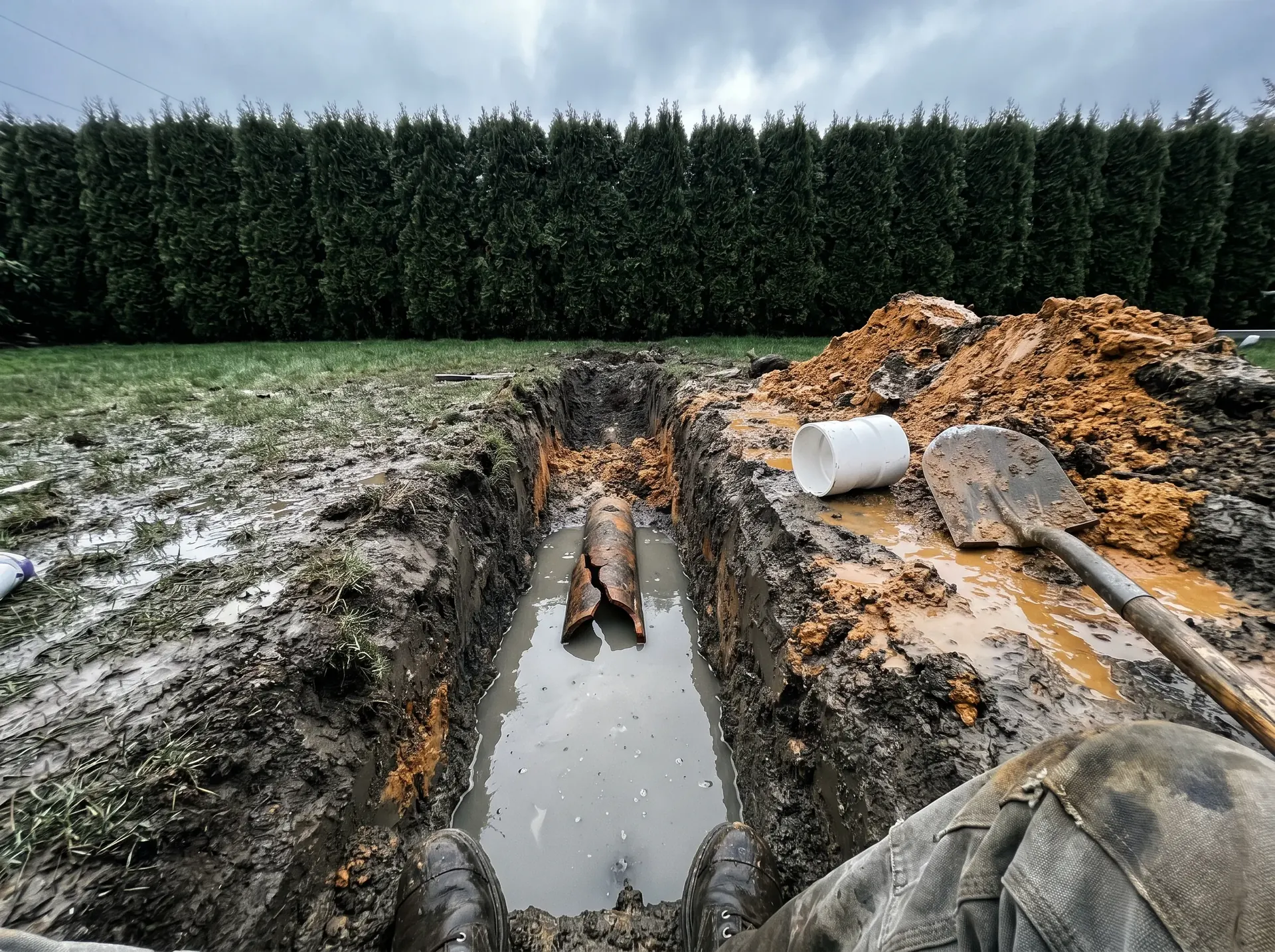 Open trench in a lawn exposing a broken sewer line ready for a spot repair