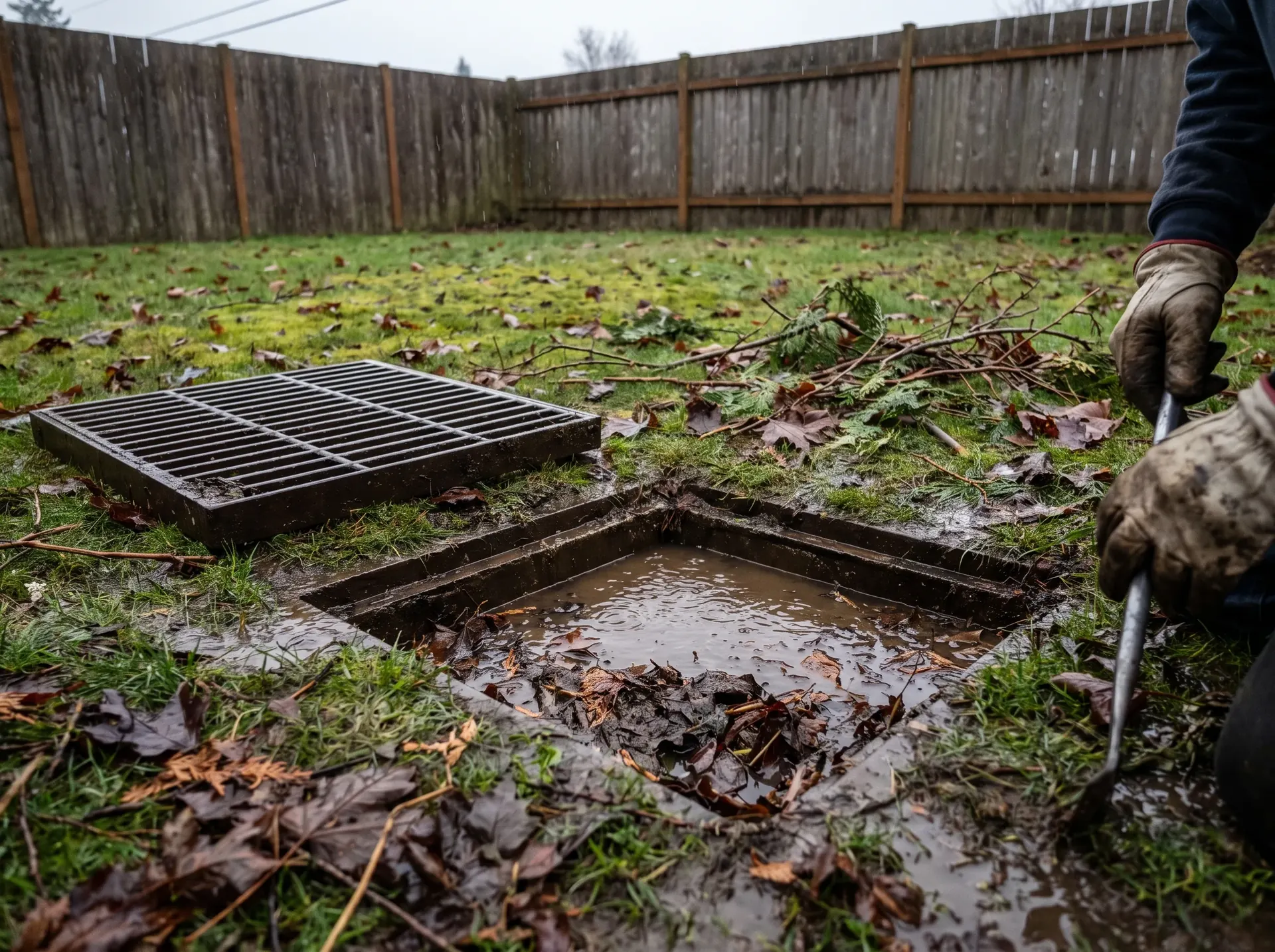 Flooded yard catch basin packed with leaves after heavy Whatcom County winter rain